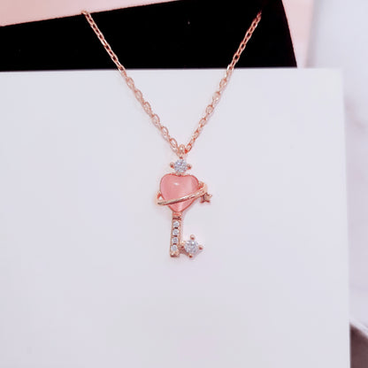 Key To Heart Necklace (Pink Cat-Eye Stone)