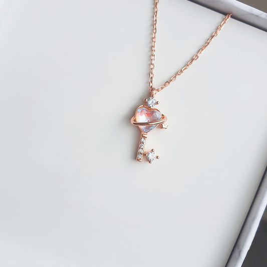 Key To Heart Necklace (Pink Aurora Crystal)
