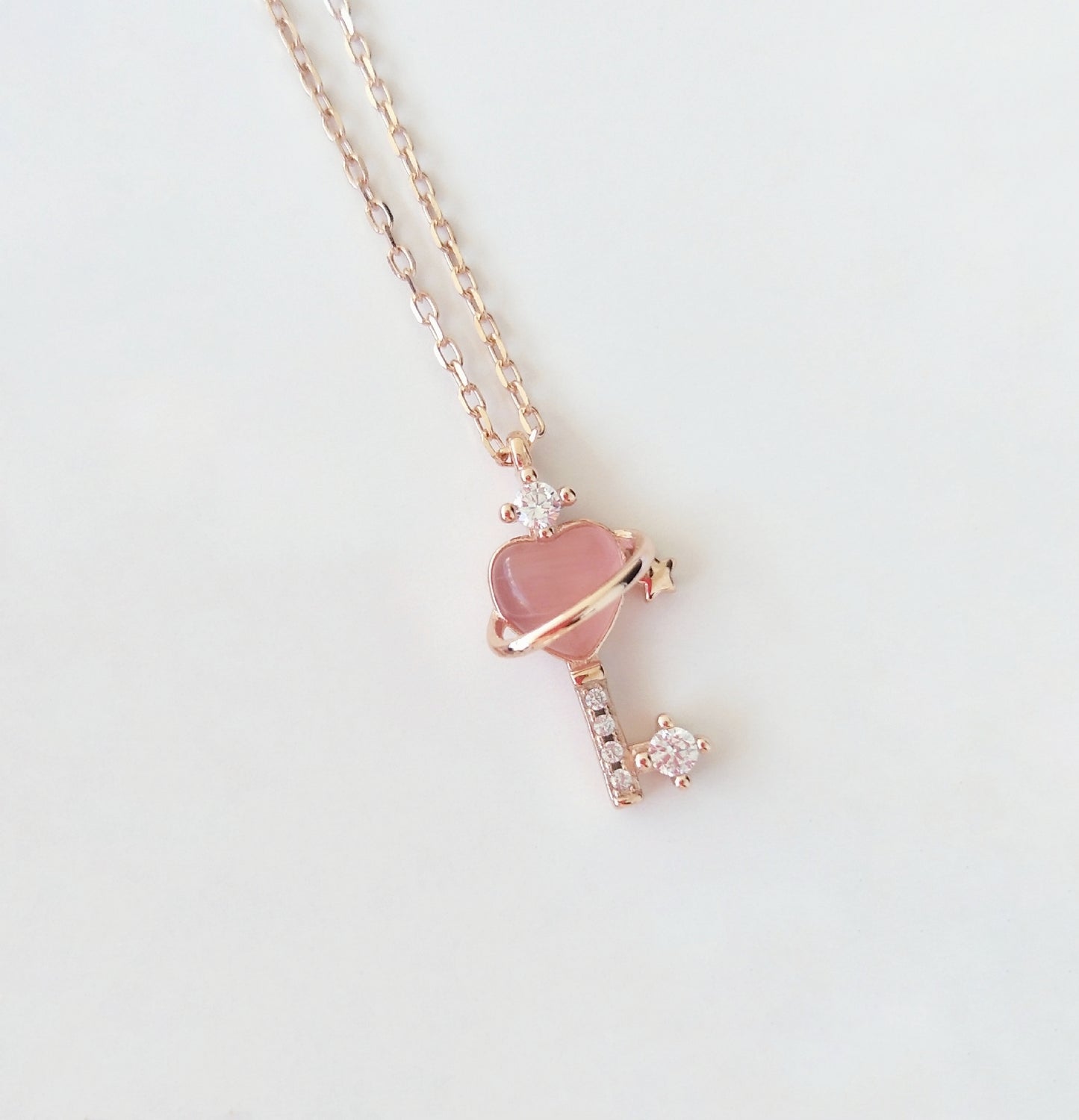Key To Heart Necklace (Pink Cat-Eye Stone)