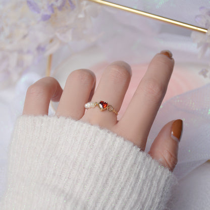 Mini Red Heart Pearl Ring