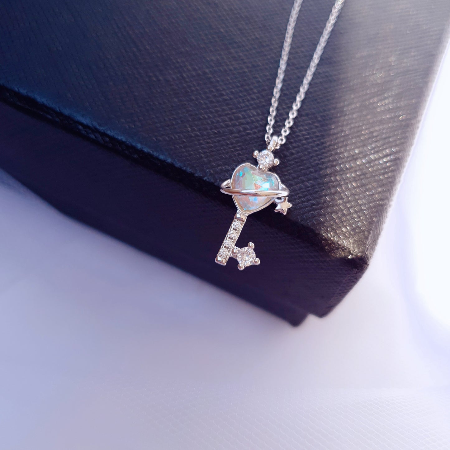 Key To Heart Necklace in Sliver (Aurora Stone)