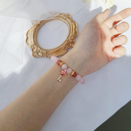 Cat-Eye Stone Key To Heart Bracelet (Strawberry & Rose Quartz)