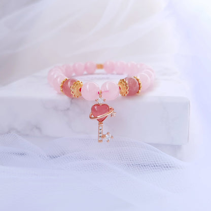 Cat-Eye Stone Key To Heart Bracelet (Strawberry & Rose Quartz)